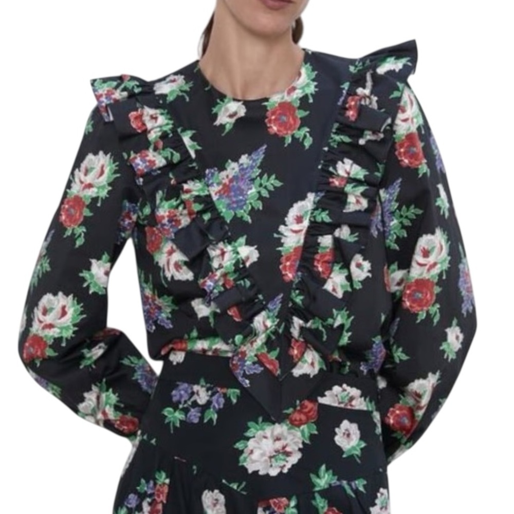 Zara Black Floral Print Ruffle Front Keyhole Cutout Long Sleeve Crop Blouse - M